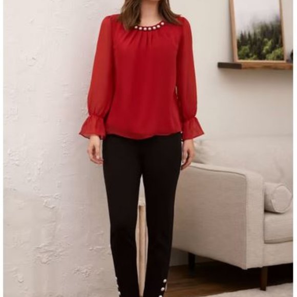 LAURA (petites): Pearl Detail Smocked Sleeve Blouse - ruby red - Picture 2 of 8